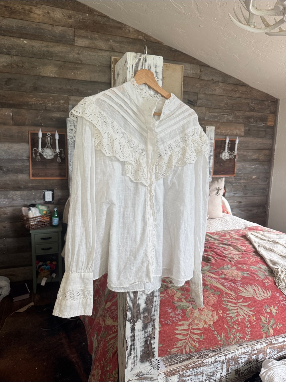 Free People White Lace-Trim Victorian Blouse